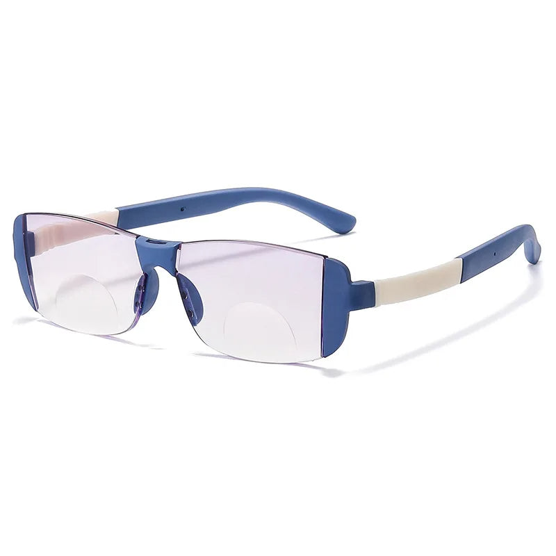 Lunettes de lecture bifocales bleues.