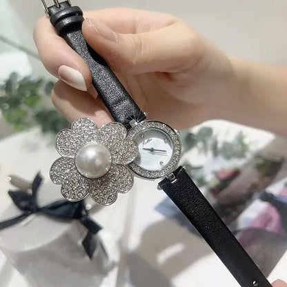 Montre à quartz de luxe pour femme avec perles et fleurs