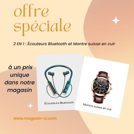 ✨Offre spéciale : 2 en 1 - Écouteurs Bluetooth et montre en cuir suisse à un prix!🌟