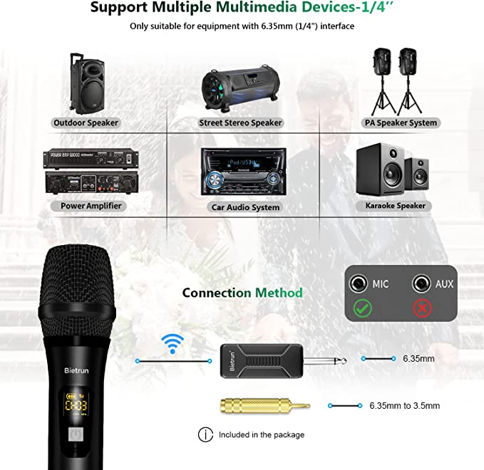 Microphone à main sans fil avec récepteur rechargeable.