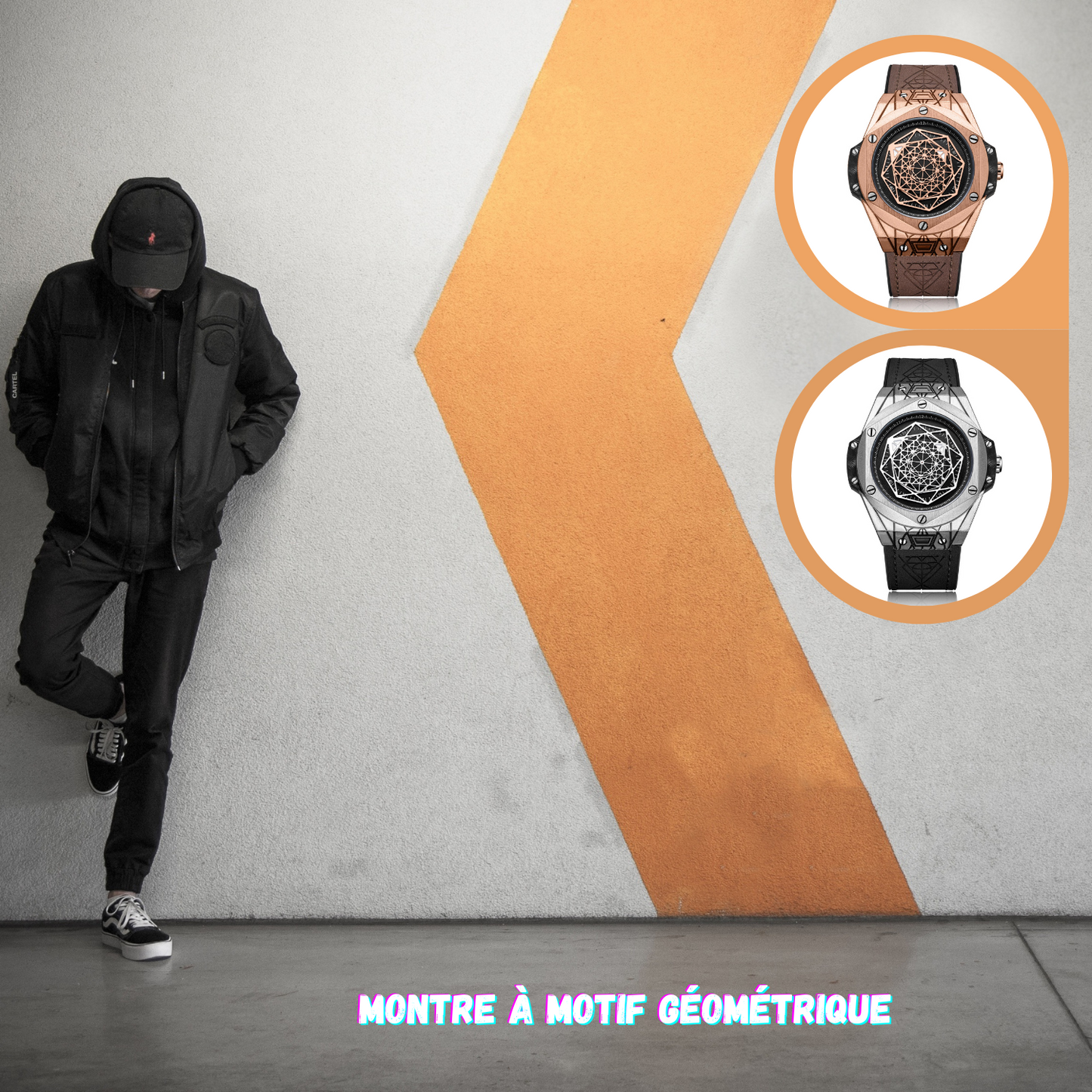 Montre à quartz pour hommes à motif géométrique