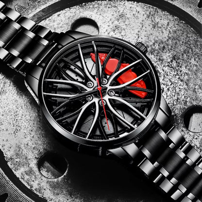 Montres de luxe pour hommes 3D en forme de moyeu de roue de voiture qui donnent un look à la fois sportif et élégant, en acier inoxydable