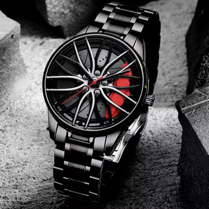 Montres de luxe pour hommes 3D en forme de moyeu de roue de voiture qui donnent un look à la fois sportif et élégant, en acier inoxydable