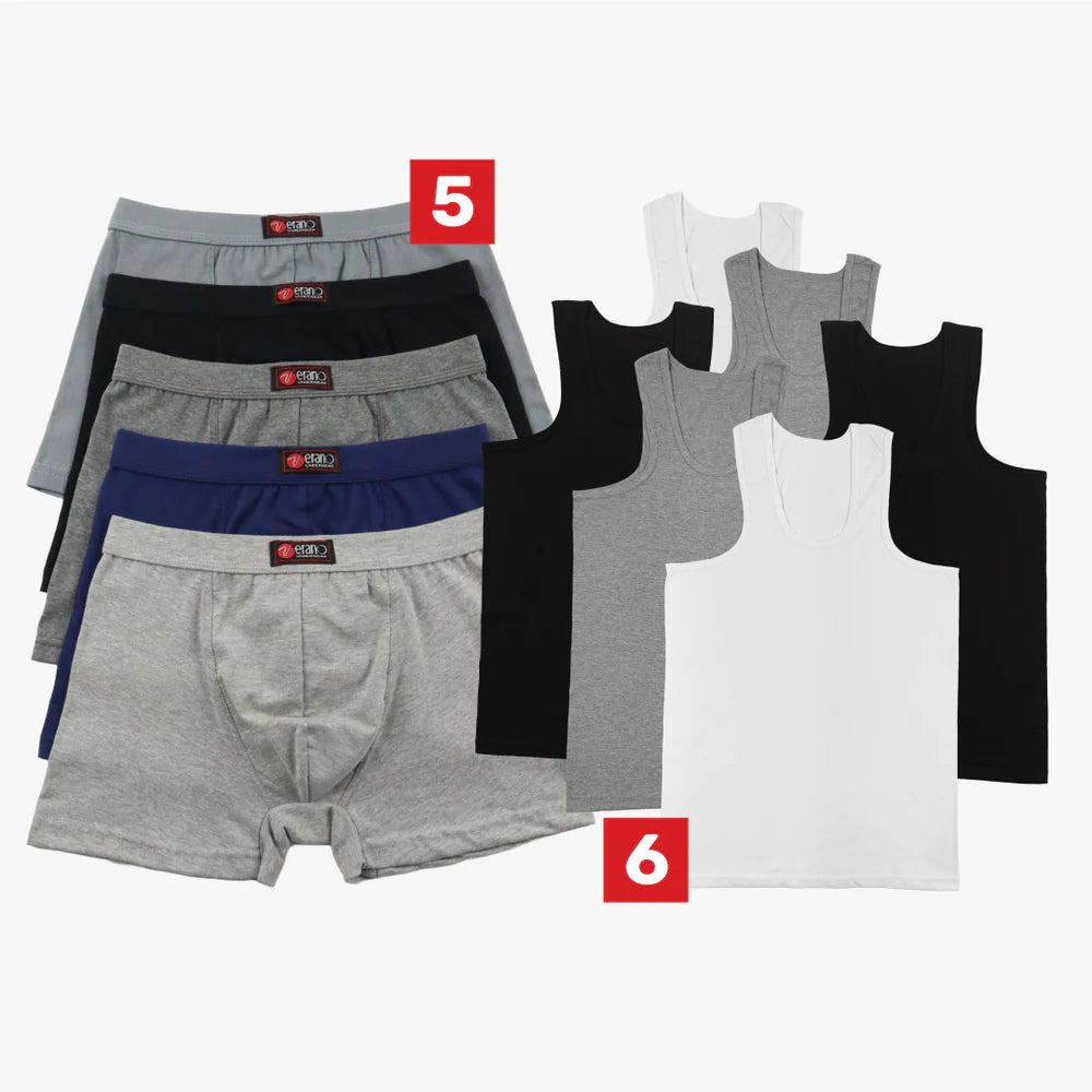 Pack de 6 débardeurs et 5 boxers simples.