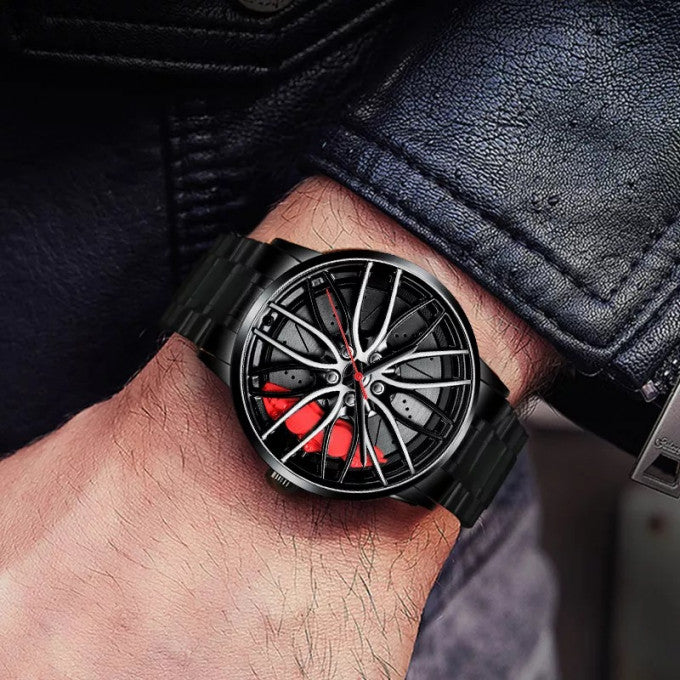 Montres de luxe pour hommes 3D en forme de moyeu de roue de voiture qui donnent un look à la fois sportif et élégant, en acier inoxydable