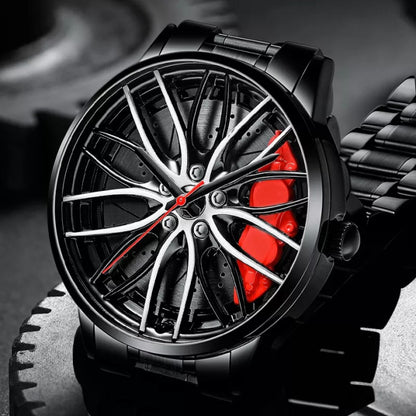 Montres de luxe pour hommes 3D en forme de moyeu de roue de voiture qui donnent un look à la fois sportif et élégant, en acier inoxydable