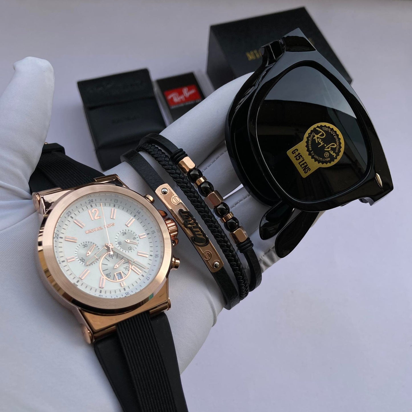 Montre Michael Kors pour homme, avec bracelet + lunettes de soleil pliables Ray-Ban gratuits.